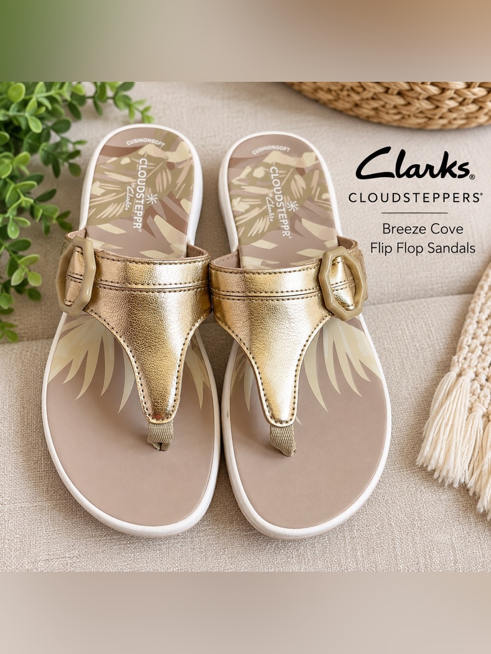 Clarks Breeze Cove Cloudsteppers Adjustable Flip Flop Sandals Women's Size 6